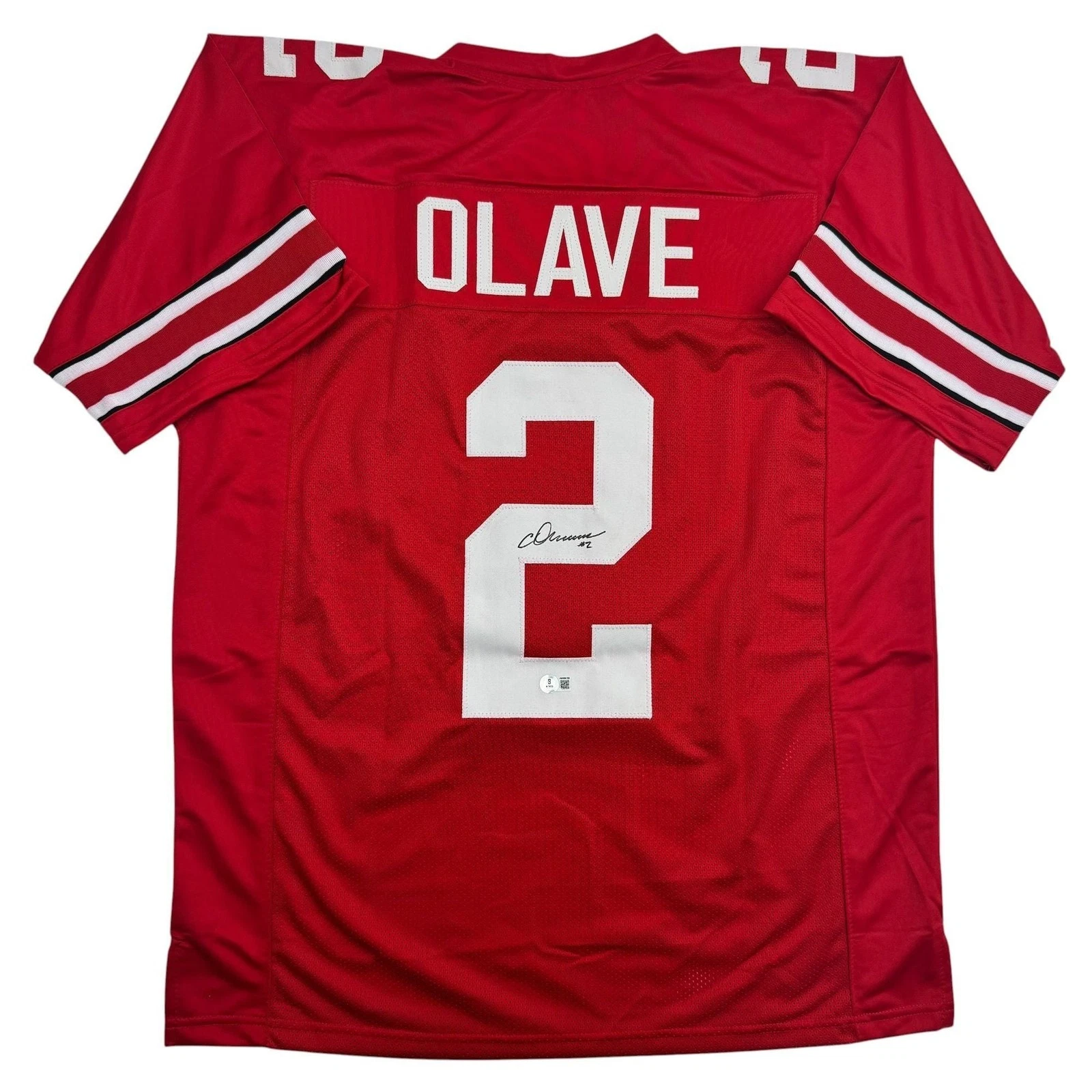 Autographed/Signed Chris Olave Ohio State Red College Jersey Beckett COA