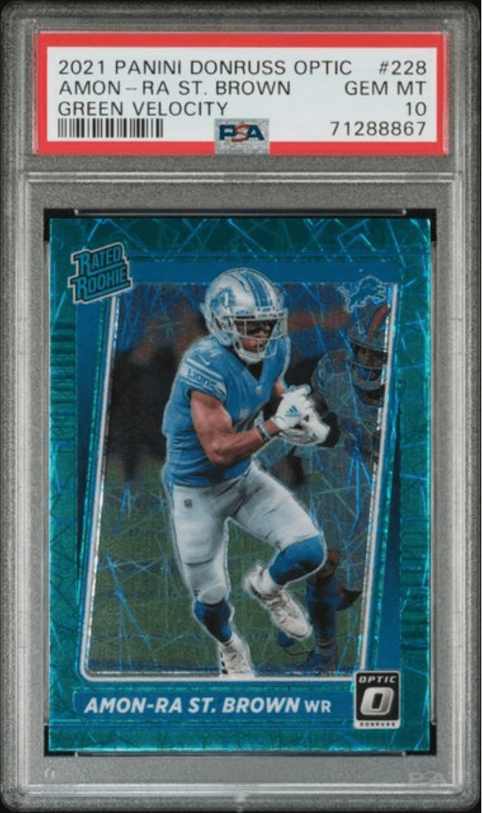 Graded 2021 Donruss Optic Amon-Ra St. Brown #228 Green Velo RC Card PSA 10