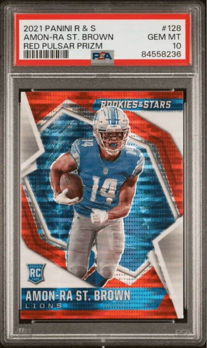 Graded 2021 Panini R&S Amon-Ra St. Brown #128 Red Pulsar Rookie Card PSA 10