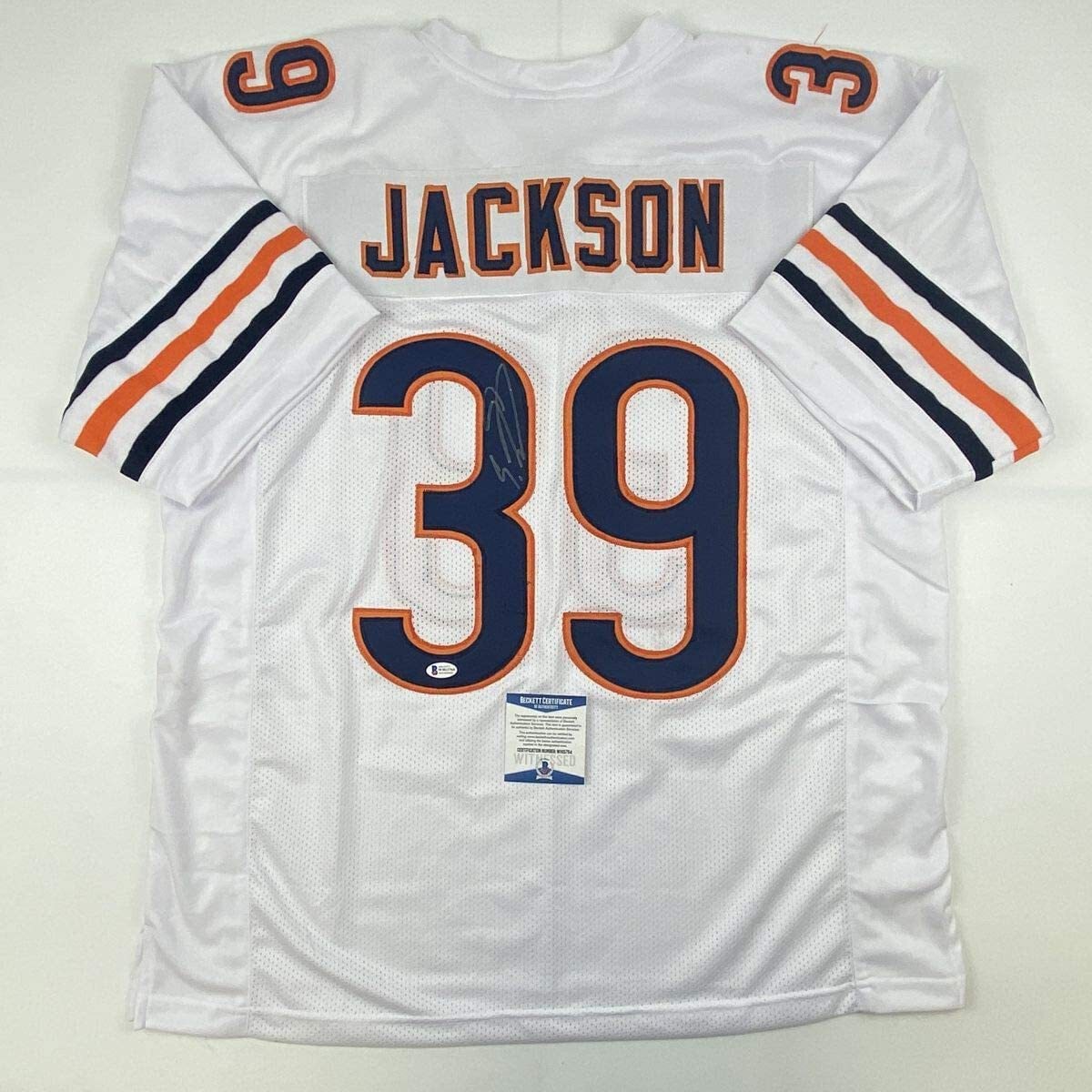 Autographed/Signed EDDIE JACKSON Chicago White Football Jersey Beckett BAS COA