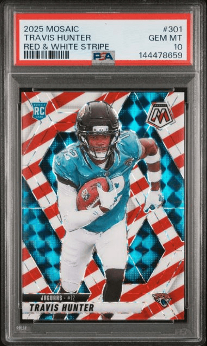 Graded 2025 Mosaic Travis Hunter #301 Red & White Stripe Rookie Card PSA 10