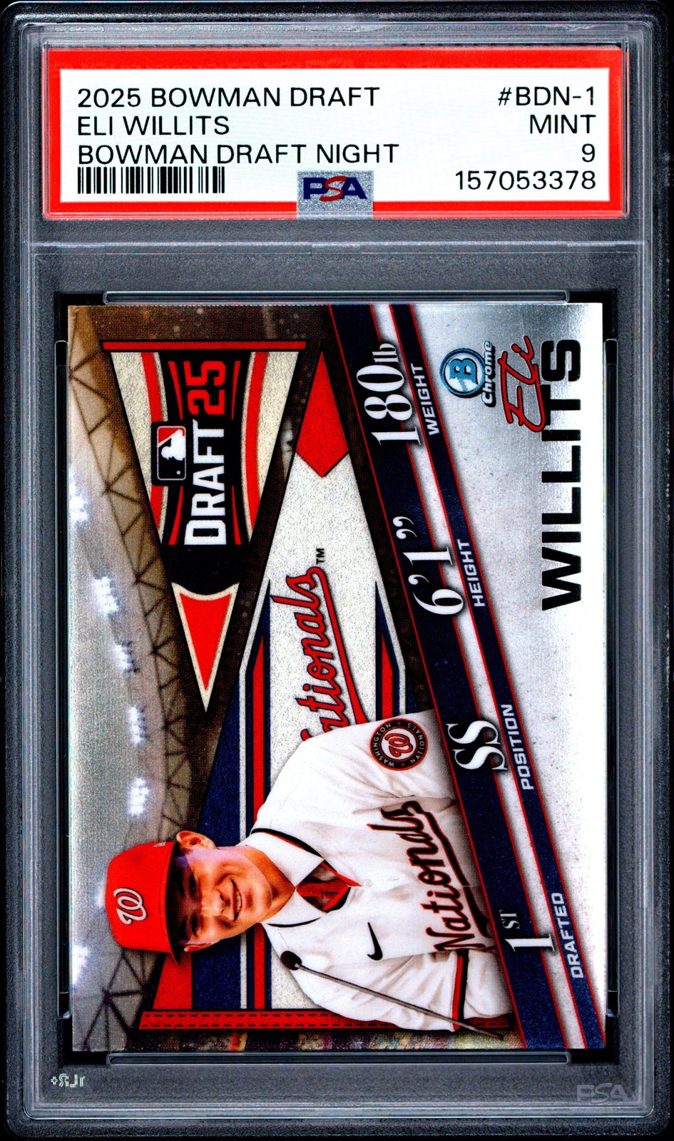 Graded 2025 Topps Bowman Draft Eli Willits #BDN1 Draft Rookie RC Card PSA 9