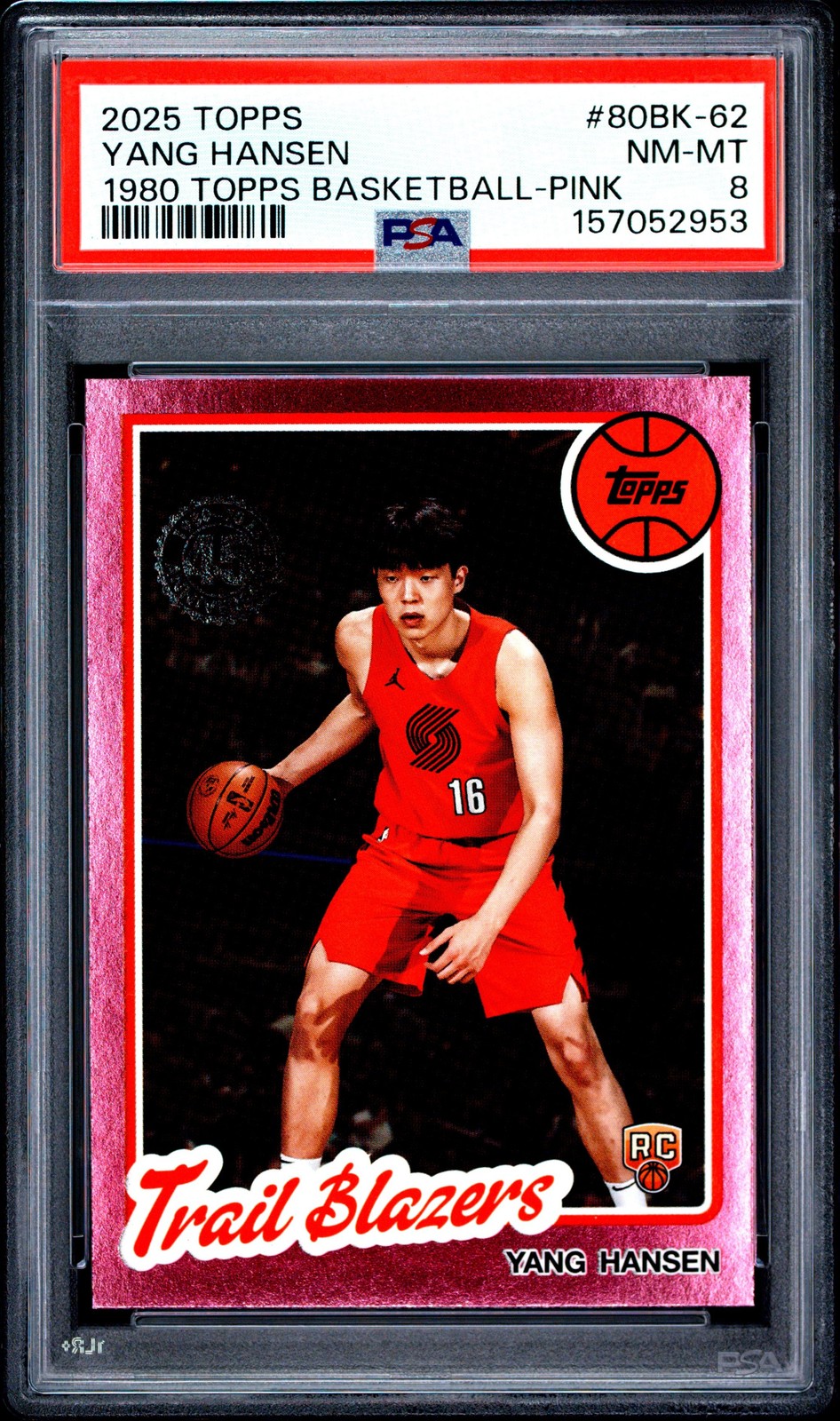 Graded 2025 Topps Yang Hansen #80BK62 1980 Pink Holo Foil Rookie Card PSA 8