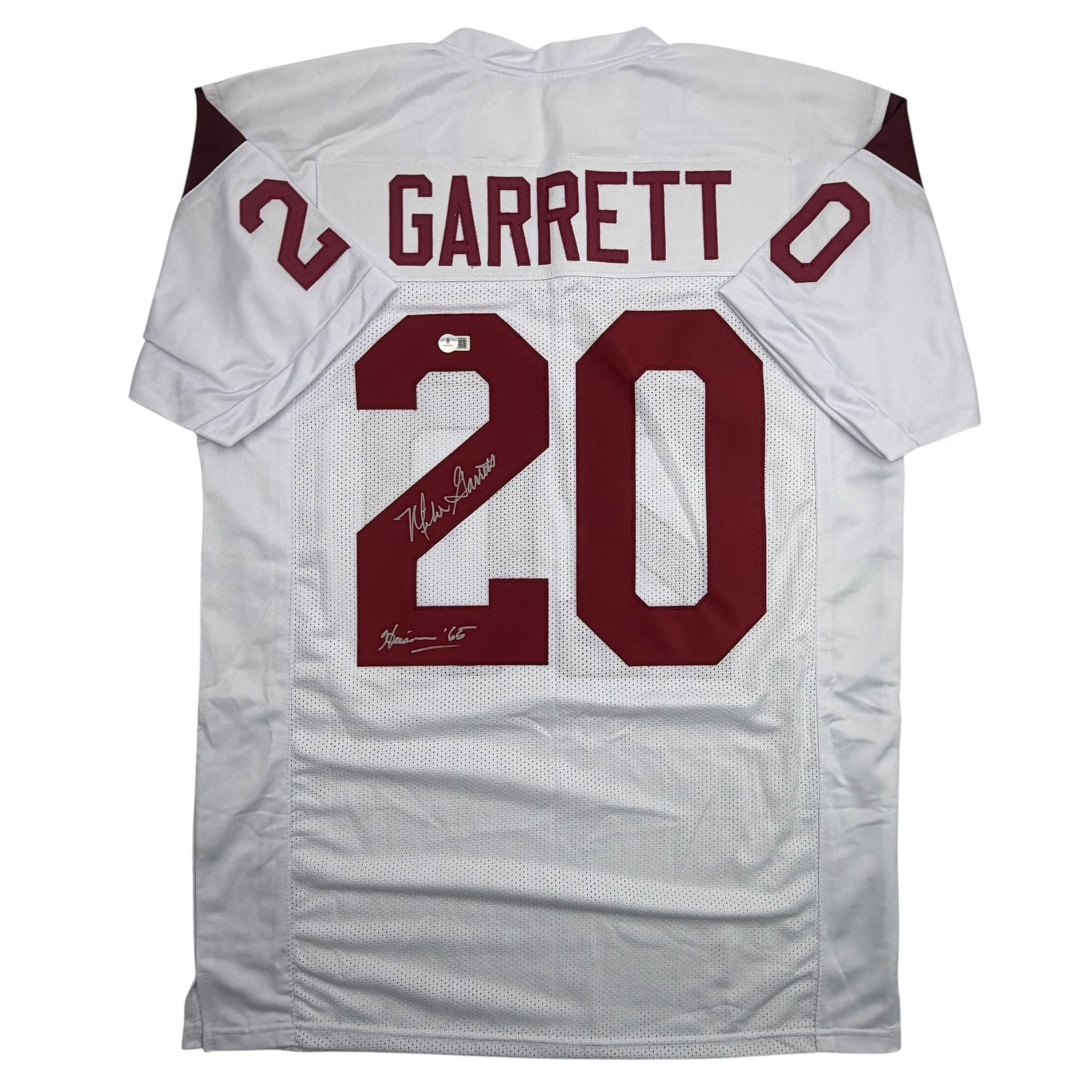Autographed/Signed Mike Garrett HT 65 USC White College Jersey Beckett COA
