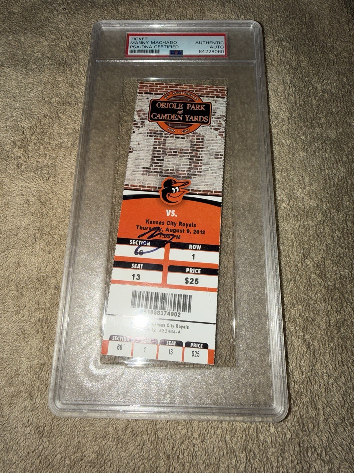 Manny Machado Signed Official MLB Debut Ticket 8/9/2012 Orioles Padres PSA/DNA