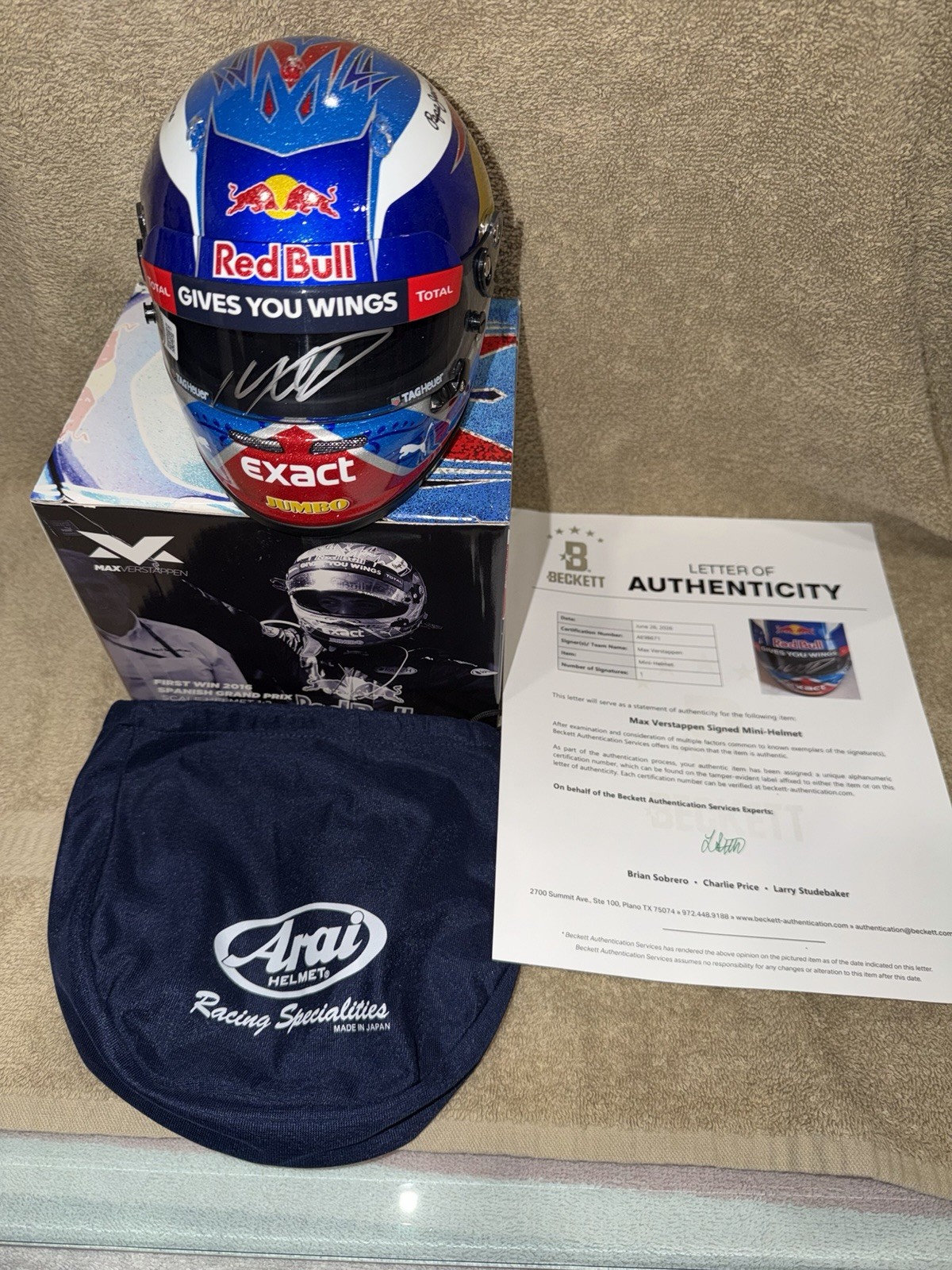 Max Verstappen Signed Official 2016 Spanish GP Mini Helmet 1:2 1st Win Beckett