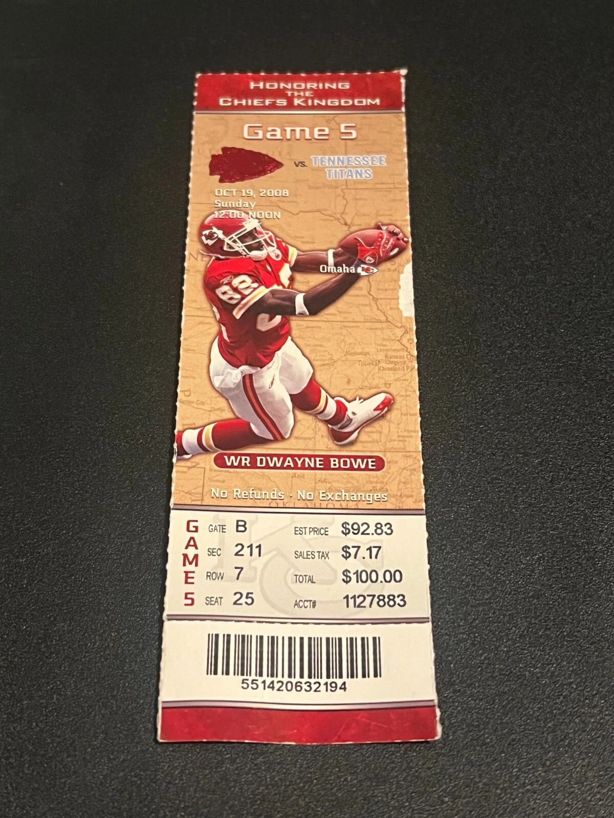 FOOTBALL TICKET STUB ARROWHEAD KANSAS CITY CHIEFS 2008 TENNESSEE TITANS 10/19
