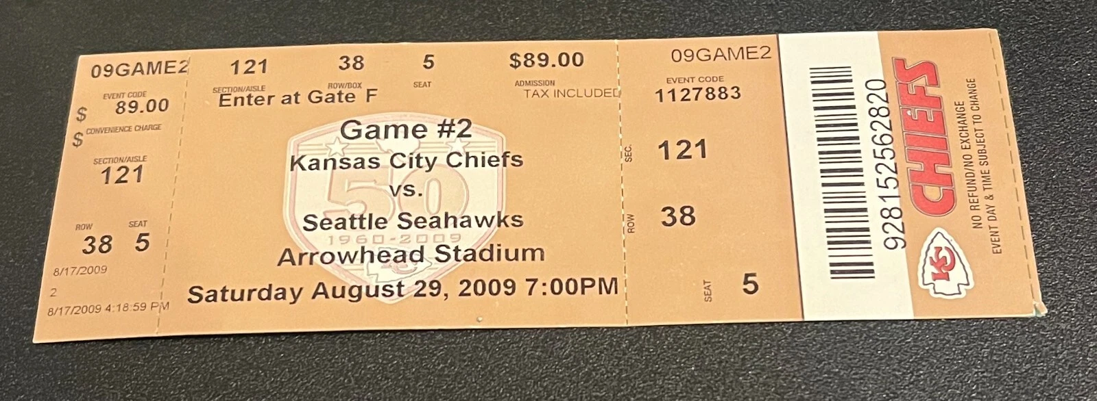 FOOTBALL TICKET STUB ARROWHEAD KANSAS CITY CHIEFS 2009 SEATTLE SEAHAWKS 8/29