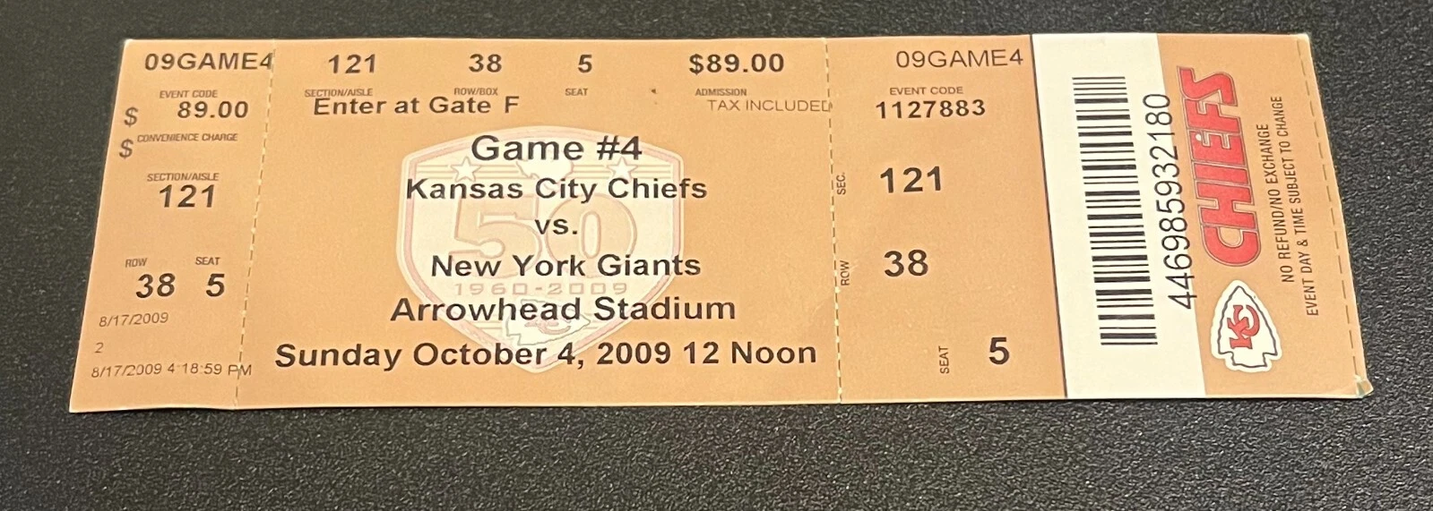 FOOTBALL TICKET STUB ARROWHEAD KANSAS CITY CHIEFS 2009 NEW YORK GIANTS 10/4