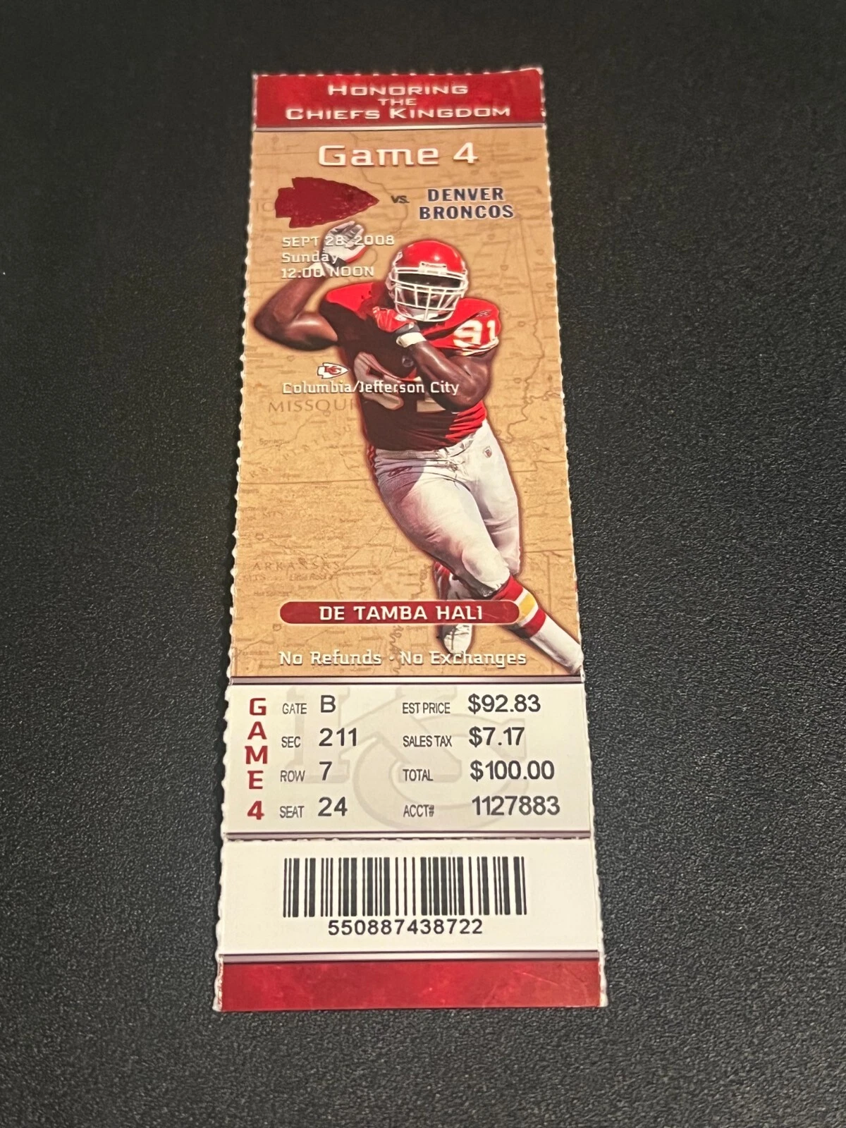 FOOTBALL TICKET STUB ARROWHEAD KANSAS CITY CHIEFS 2008 DENVER BRONCOS 9/28