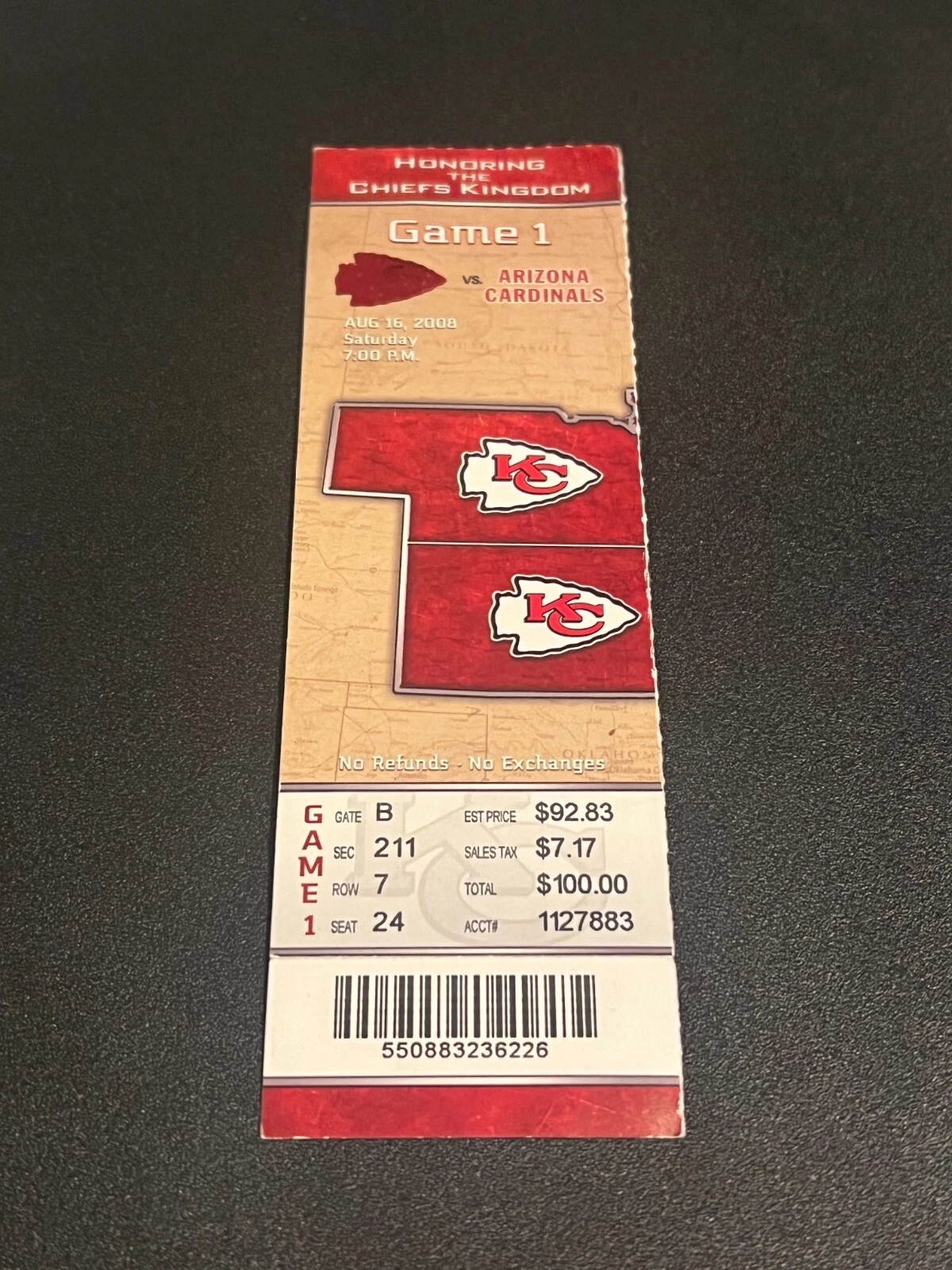 FOOTBALL TICKET STUB ARROWHEAD KANSAS CITY CHIEFS 2008 ARIZONA CARDINALS 8/16