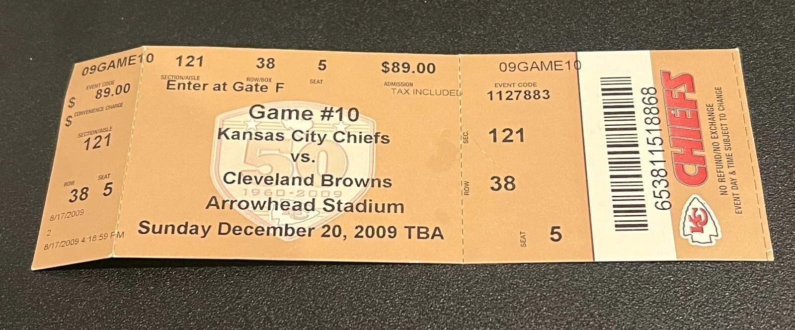 FOOTBALL TICKET STUB ARROWHEAD KANSAS CITY CHIEFS 2009 CLEVELAND BROWNS 12/20
