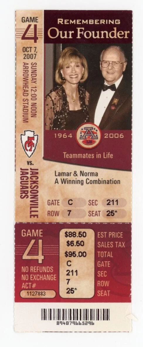 FOOTBALL TICKET STUB ARROWHEAD KANSAS CITY CHIEFS JACKSONVILLE JAGUARS 10/2 2007