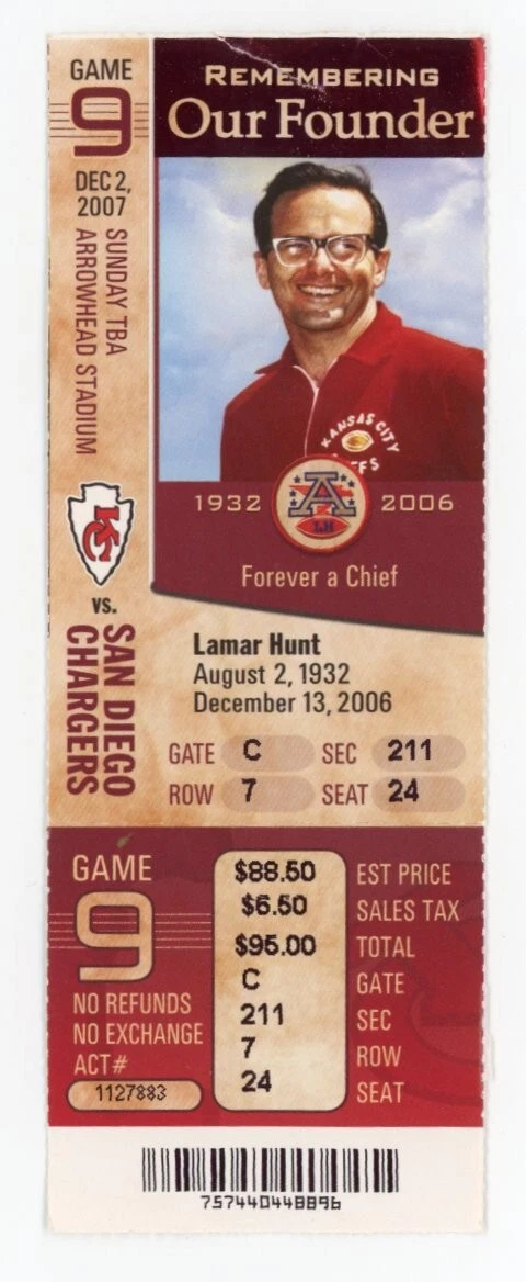 FOOTBALL TICKET STUB ARROWHEAD KANSAS CITY CHIEFS SAN DIEGO CHARGERS 12/2 2007