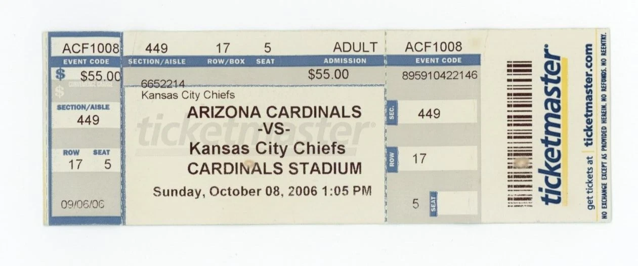 FOOTBALL TICKET STUB KANSAS CITY CHIEFS ARIZONA CARDINALS 10/8 2006