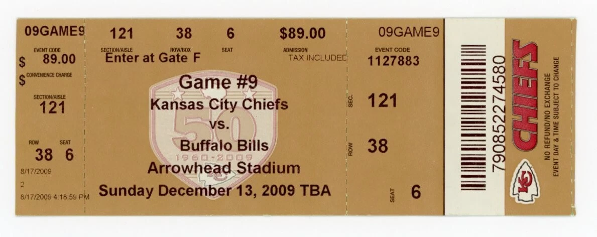 FOOTBALL TICKET STUB ARROWHEAD KANSAS CITY CHIEFS BUFFALO BILLS 12/13 2009