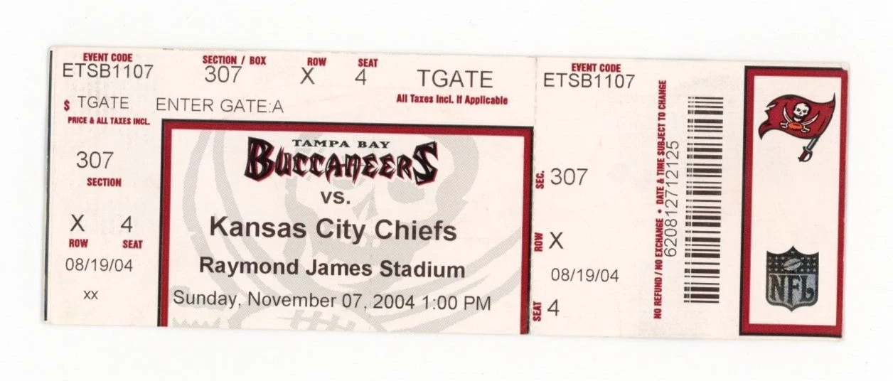 FOOTBALL TICKET STUB KANSAS CITY CHIEFS TAMPA BAY BUCCANEERS 11/7 2004