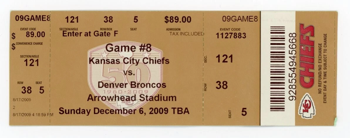 FOOTBALL TICKET STUB ARROWHEAD KANSAS CITY CHIEFS DENVER BRONCOS 12/6 2009