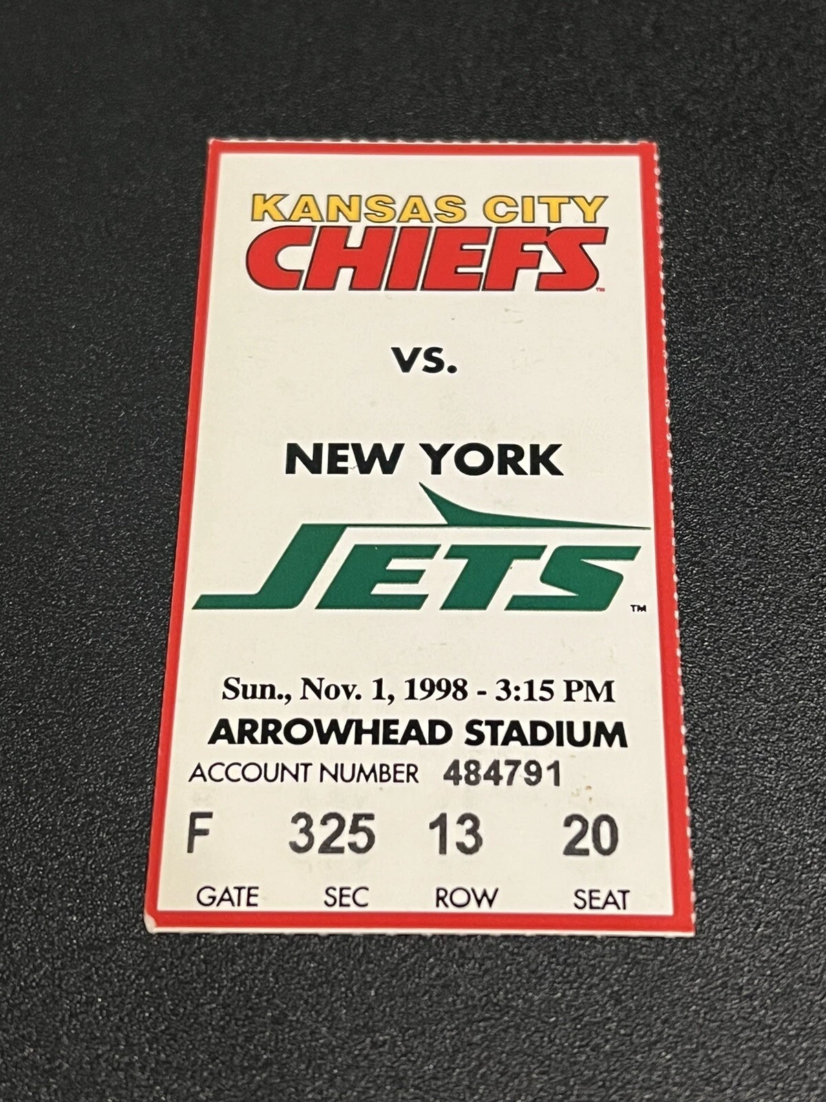 FOOTBALL TICKET STUB ARROWHEAD KANSAS CITY CHIEFS NEW YORK JETS 11/1 1998