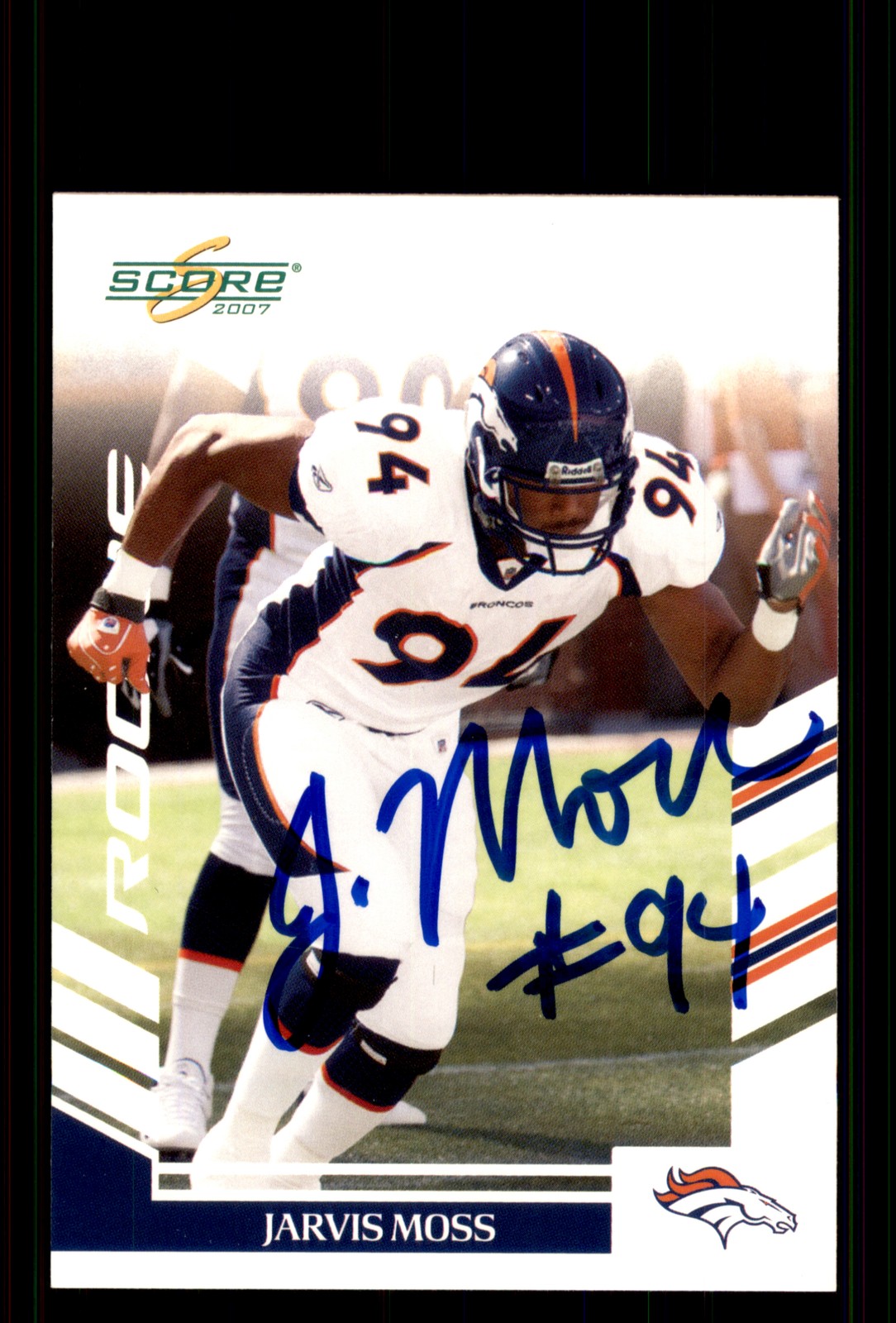Signed Football Card Auto Jarvis Moss 2007 Score #396 Denver Broncos