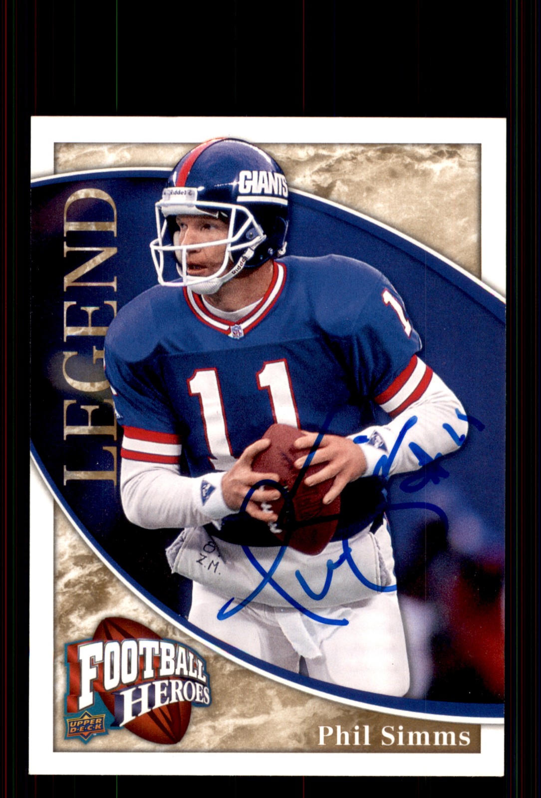 Signed Football Card Auto Phil Simms 2009 Upper Deck Heroes #290 New York Giants