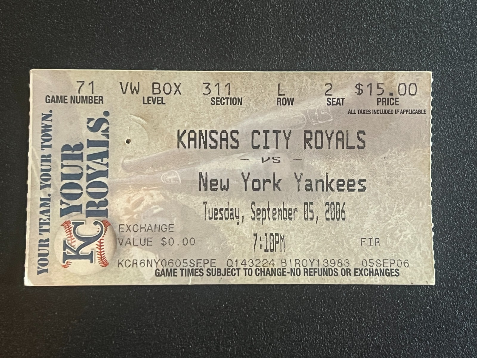 Baseball Ticket Royals v. New York Yankees 9/5/2006 MLB Debut Andy Cannizaro