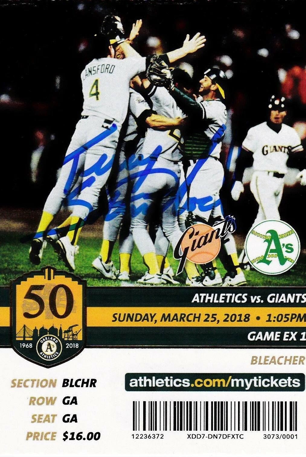 TERRY STEINBACH OAKLAND A'S  50th ANNIVERSAY MARCH 25,2018  SIGNED TICKET