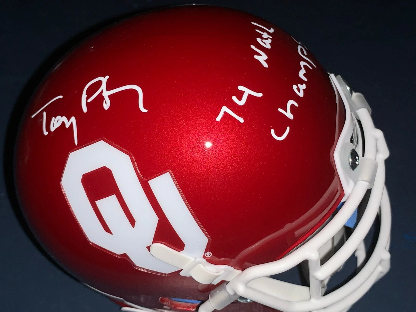 TONY PETERS  OKLAHOMA SOONERS  1974 NATIONAL CHAMPS  SIGNED SCHUTT MINI HELMET