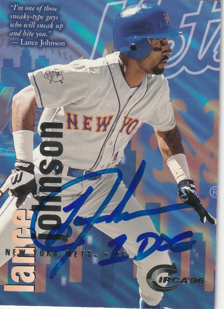 LANCE JOHNSON NEW YORK METS SIGNED 1996 FLEER CIRCA CARD #159