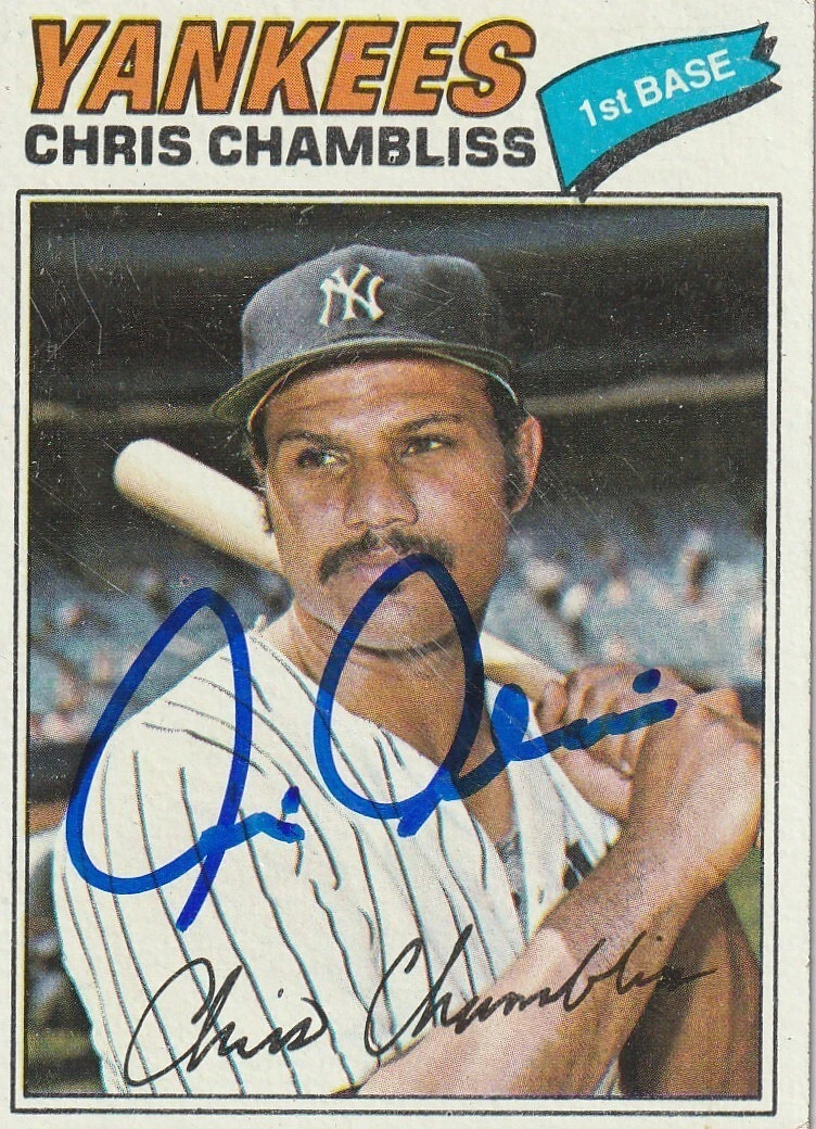 CHRIS CHAMBLISS NEW YORK YANKEES  SIGNED 1977 TOPPS CARD #220