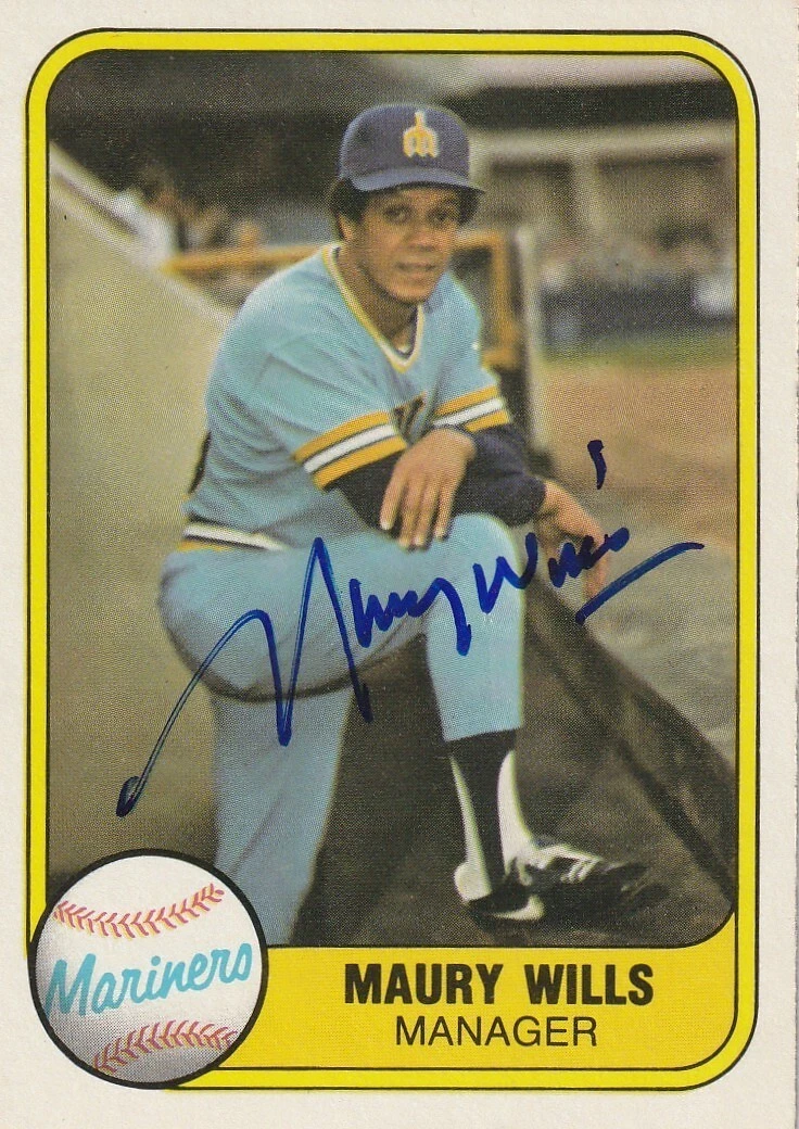 MAURY WILLS SEATTLE MARINERS 1981 FLEER CARD #595 SIGNED
