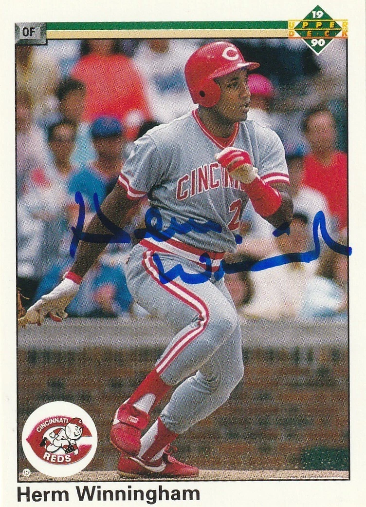 HERM WINNINGHAM  CINCINNATI REDS SIGNED 1990 UPPER DECK CARD #589