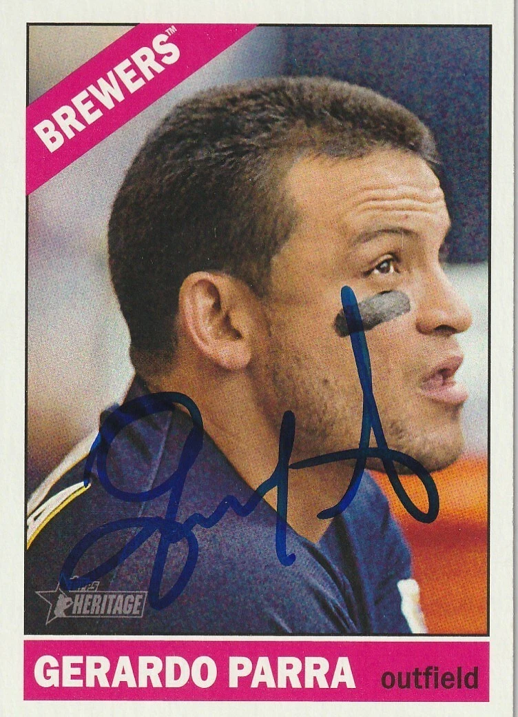 GERARDO PARRA  MILWAUKEE BREWERS  SIGNED 2015 TOPPS HERITAGE CARD #421