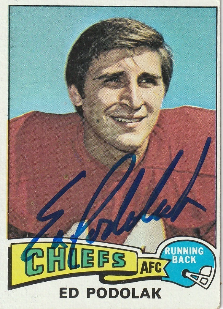 ED PODOLAK  KANSAS CITY CHIEFS  SIGNED 1975 TOPPS CARD #373