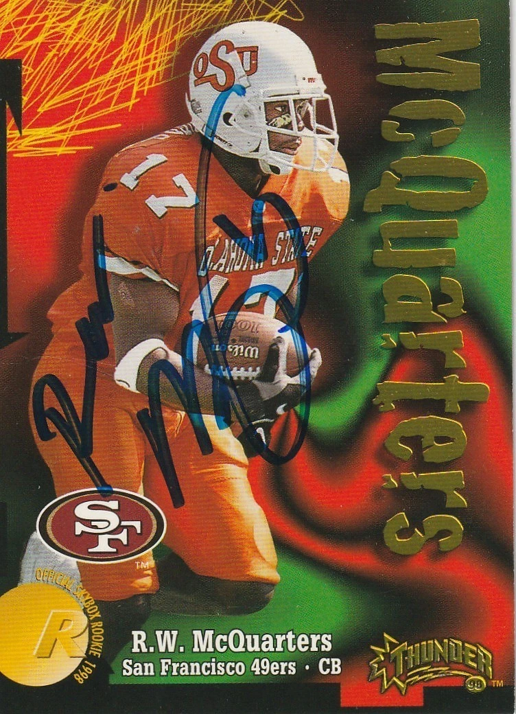 R.W. MCQUARTERS OKLAHOMA STATE COWBOYS SIGNED 1998 SKYBOX THUNDER CARD #241