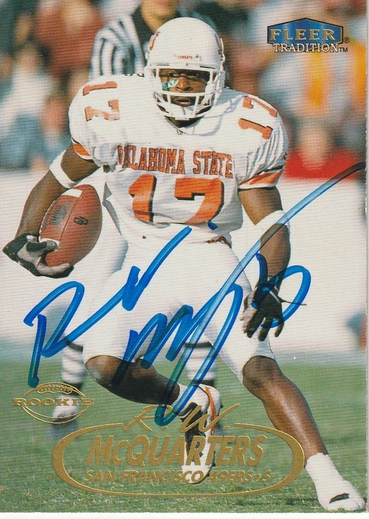 R.W. MCQUARTERS OKLAHOMA STATE COWBOYS SIGNED 1998 FLEER TRADITION CARD #241