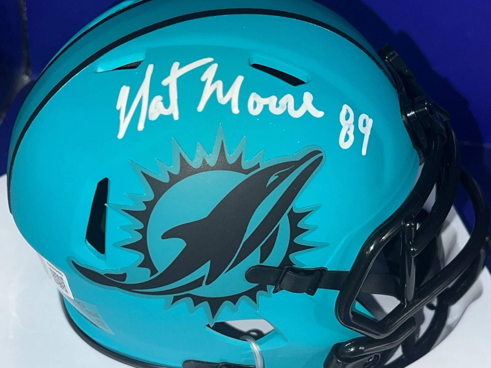 NAT MOORE MIAMI DOLPHINS BECKETT AUTHENTICATED SIGNED RAVE MINI HELMET