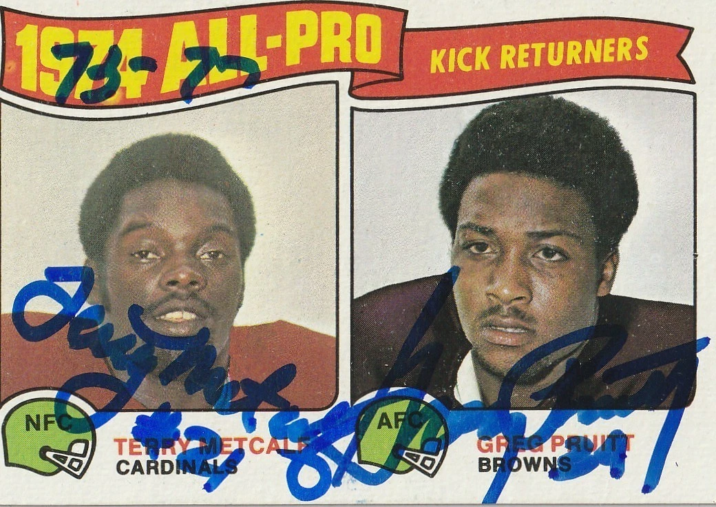TERRY METCALF / GREG PRUITT CARDINALS / BROWNS SIGNED 1975 TOPPS CARD #225