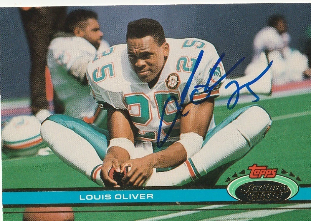 LOUIS OLIVER MIAMI DOLPHINS SIGNED 1991 TOPPS STADIUM CARD #90