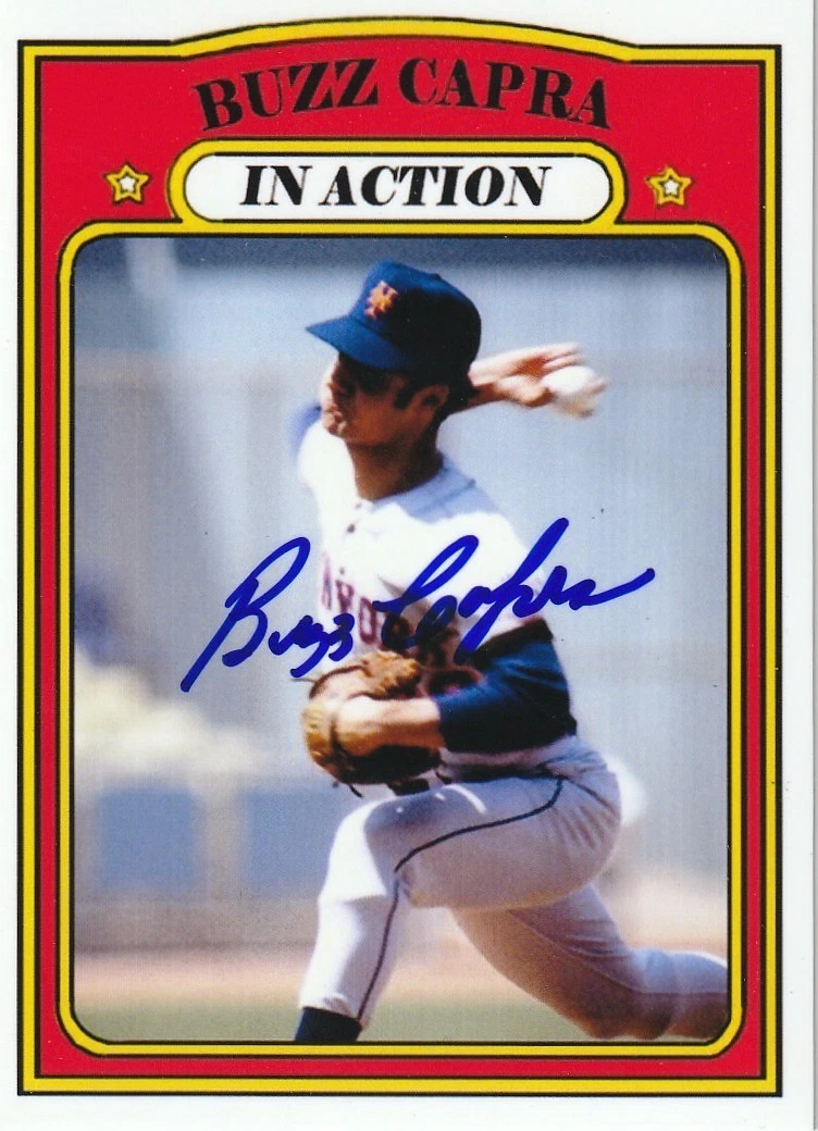 BUZZ CAPRA  NEW YORK METS  SIGNED 1972 IN ACTION  STYLE CUSTOM CARD