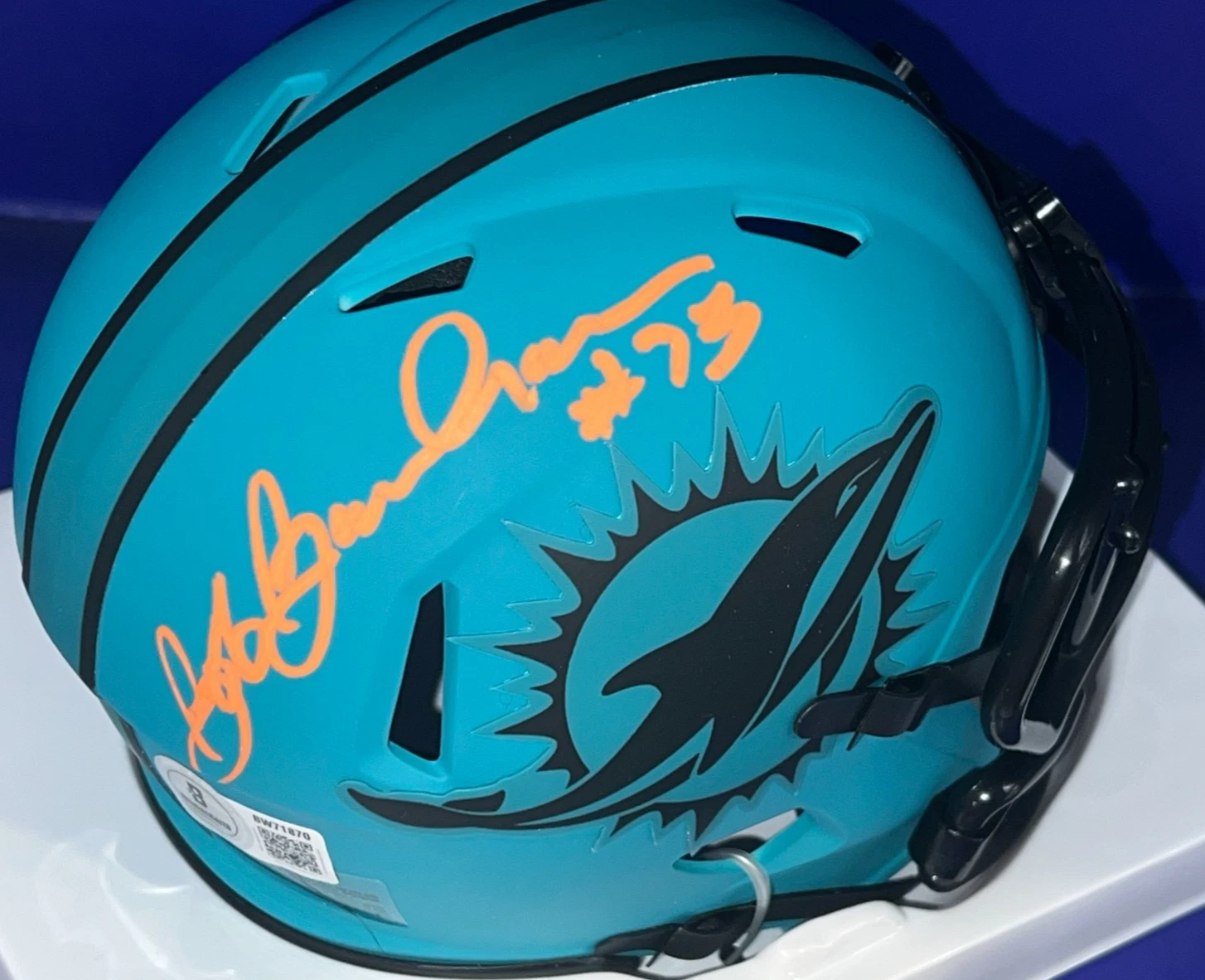 BOB BAUMHOWER MIAMI DOLPHINS  BECKETT AUTHENTICATED  SIGNED RAVE MINI HELMET