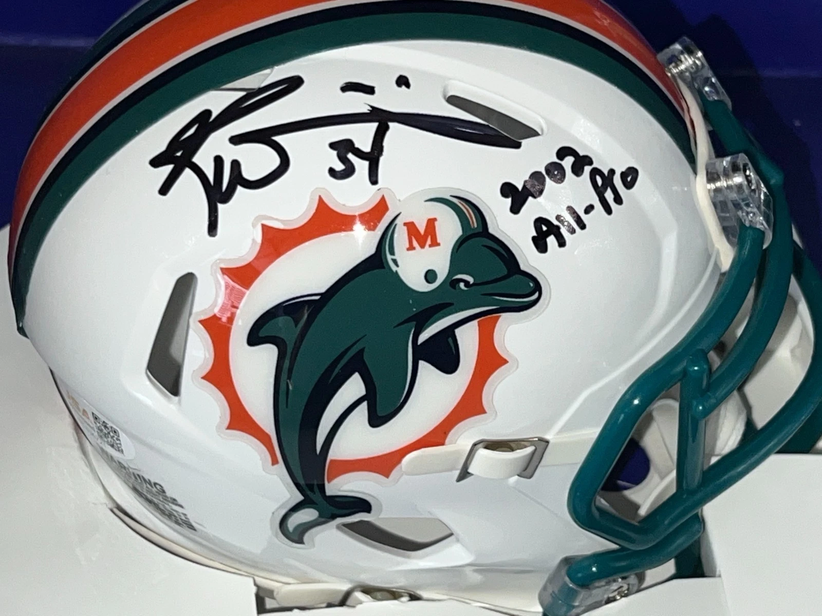 RICKY WILLIAMS MIAMI DOLPHINS 2002 ALL PRO JSA SIGNED THROWBACK MINI HELMET