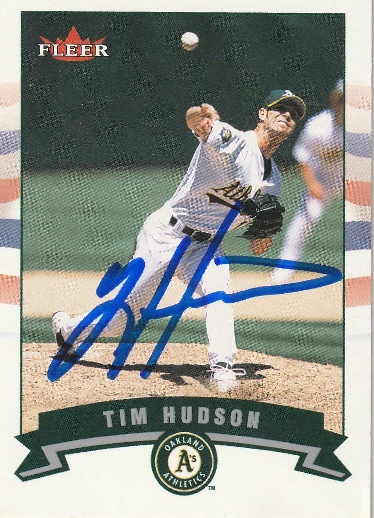 TIM HUDSON OAKLAND A'S  SIGNED 2002 FLEER CARD #155