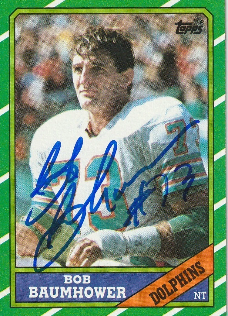 BOB BAUMHOWER MIAMI DOLPHINS SIGNED 1986 TOPPS CARD #55