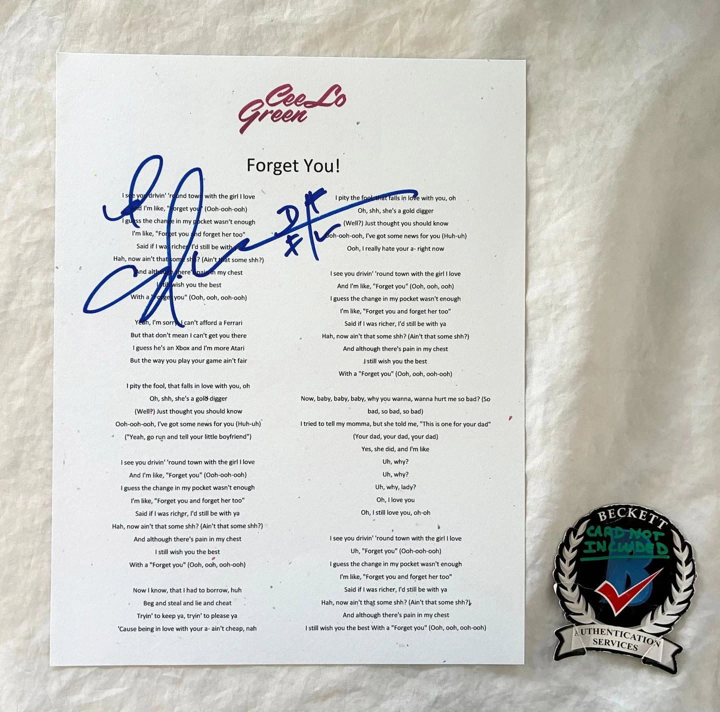CeeLo Green Signed Lyric Sheet Forget You Beckett BAS COA