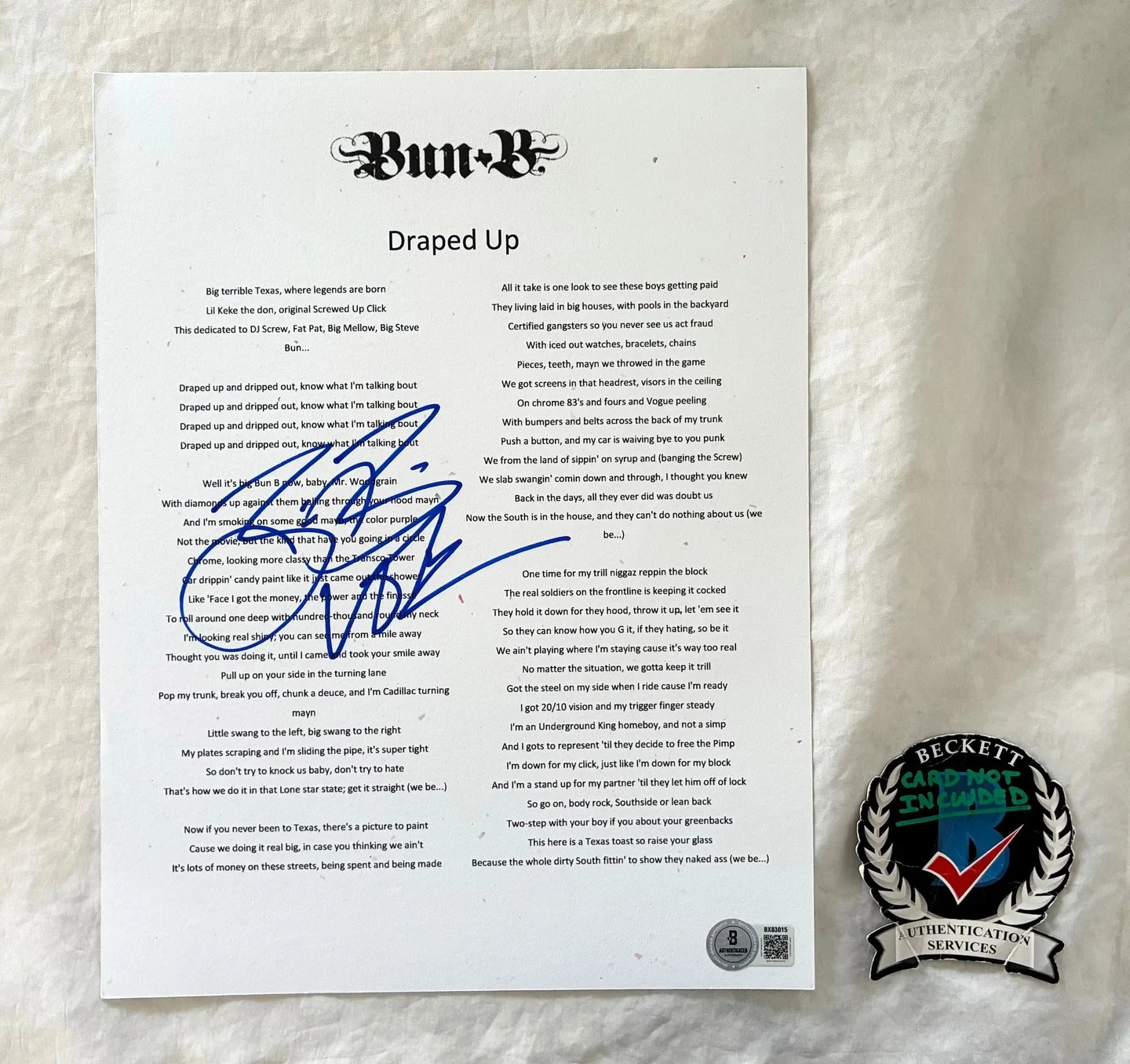 Bun B Signed Lyric Sheet Draped Up Beckett BAS COA