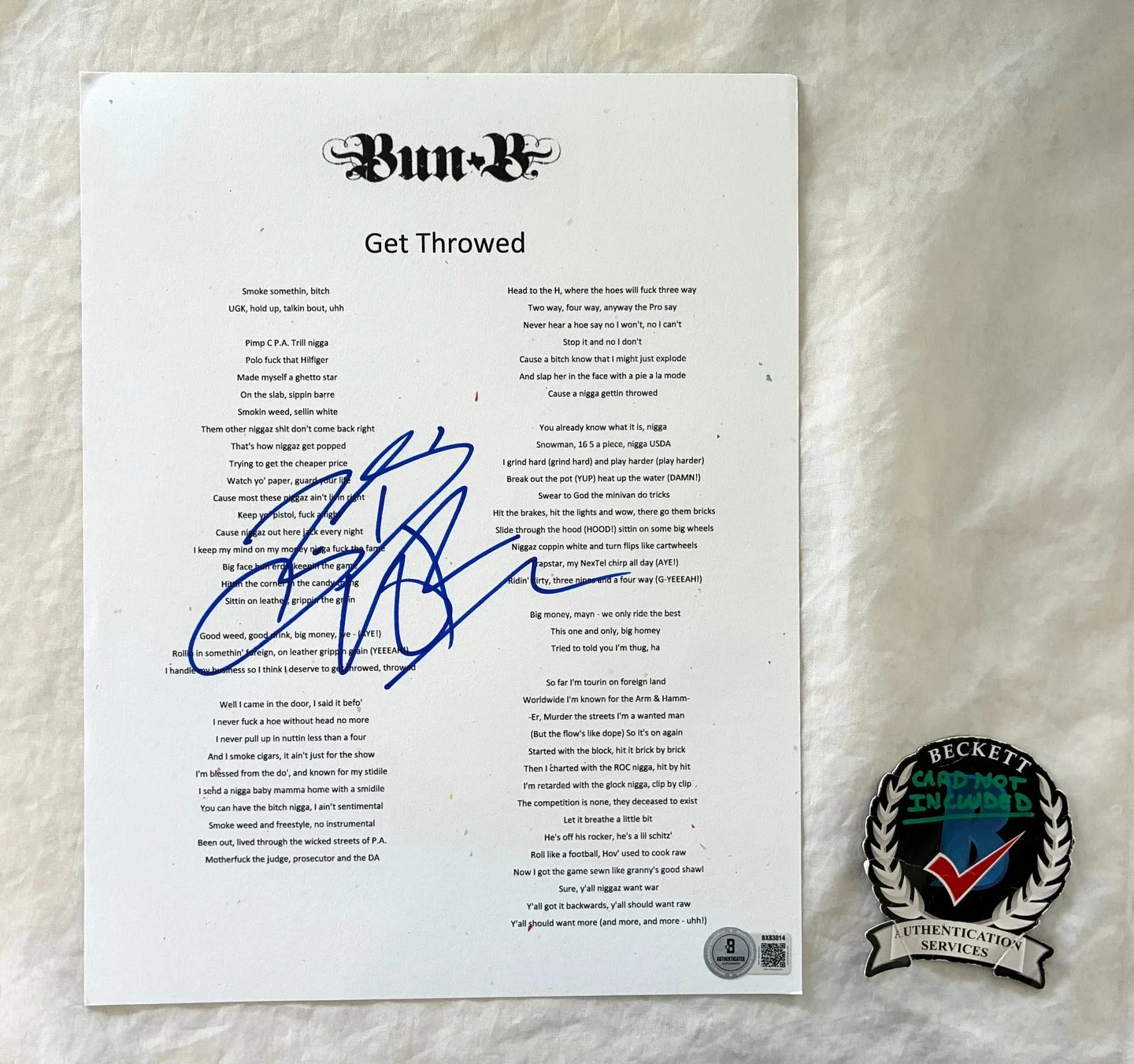 Bun B Signed Lyric Sheet Get Throwed Beckett BAS COA