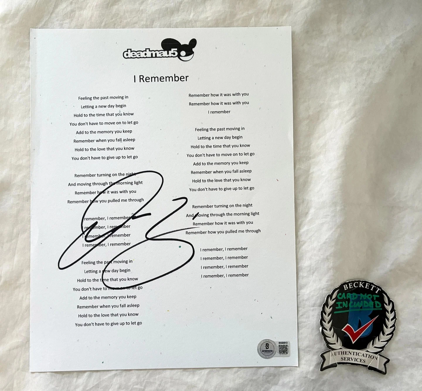 Deadmau5 Signed Lyric Sheet I Remember Beckett BAS COA