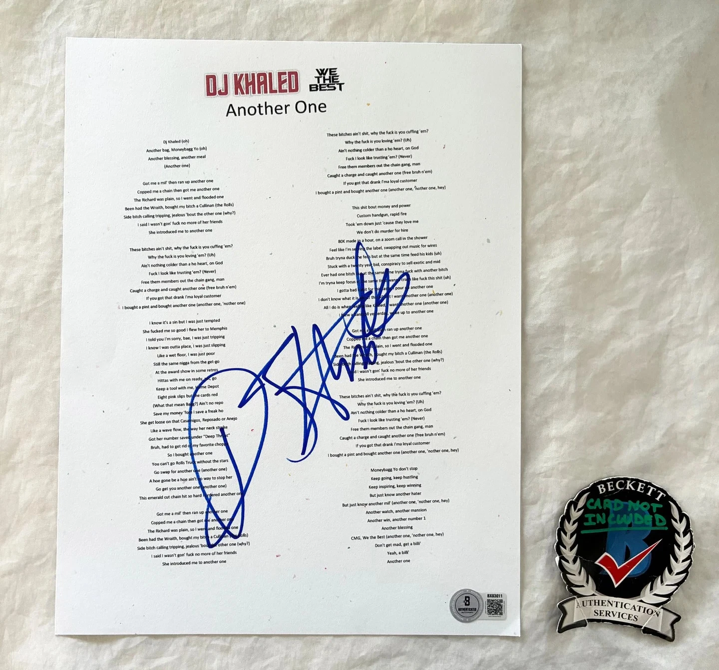DJ Khaled Signed Lyric Sheet All I Do Is Win Beckett BAS 2 COA