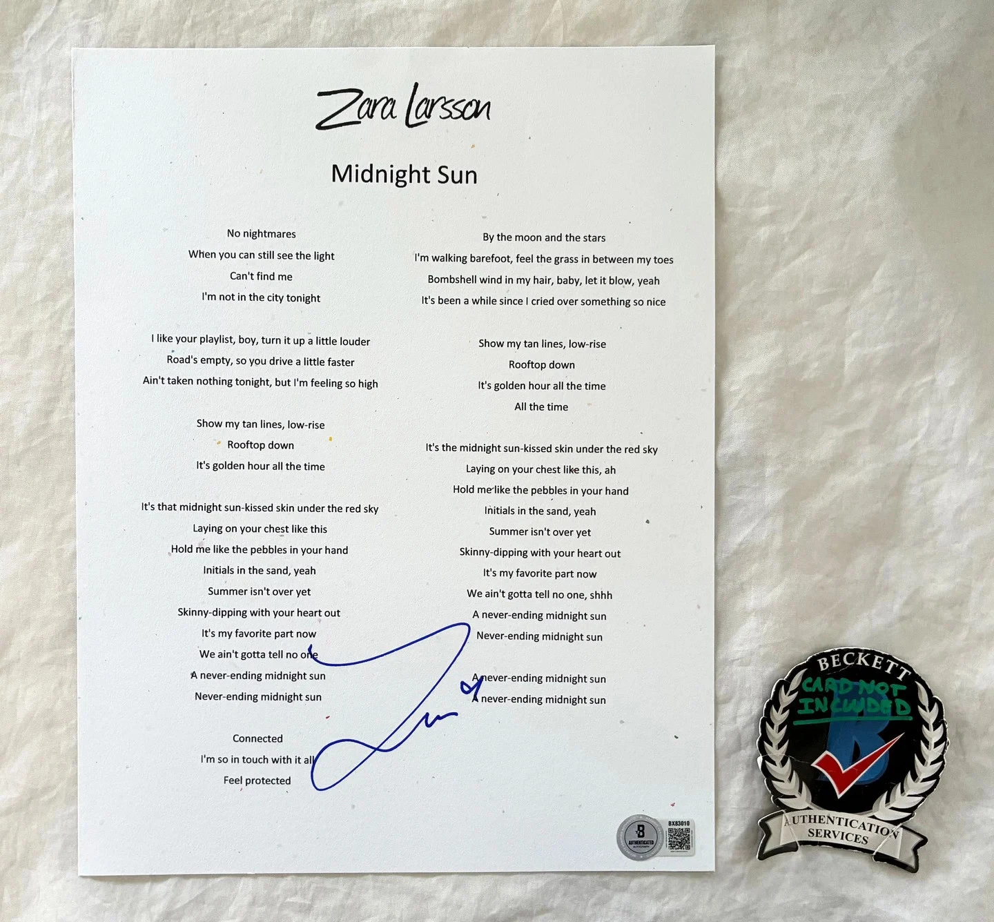 Zara Larsson Signed Lyric Sheet Midnight Sun Beckett BAS COA